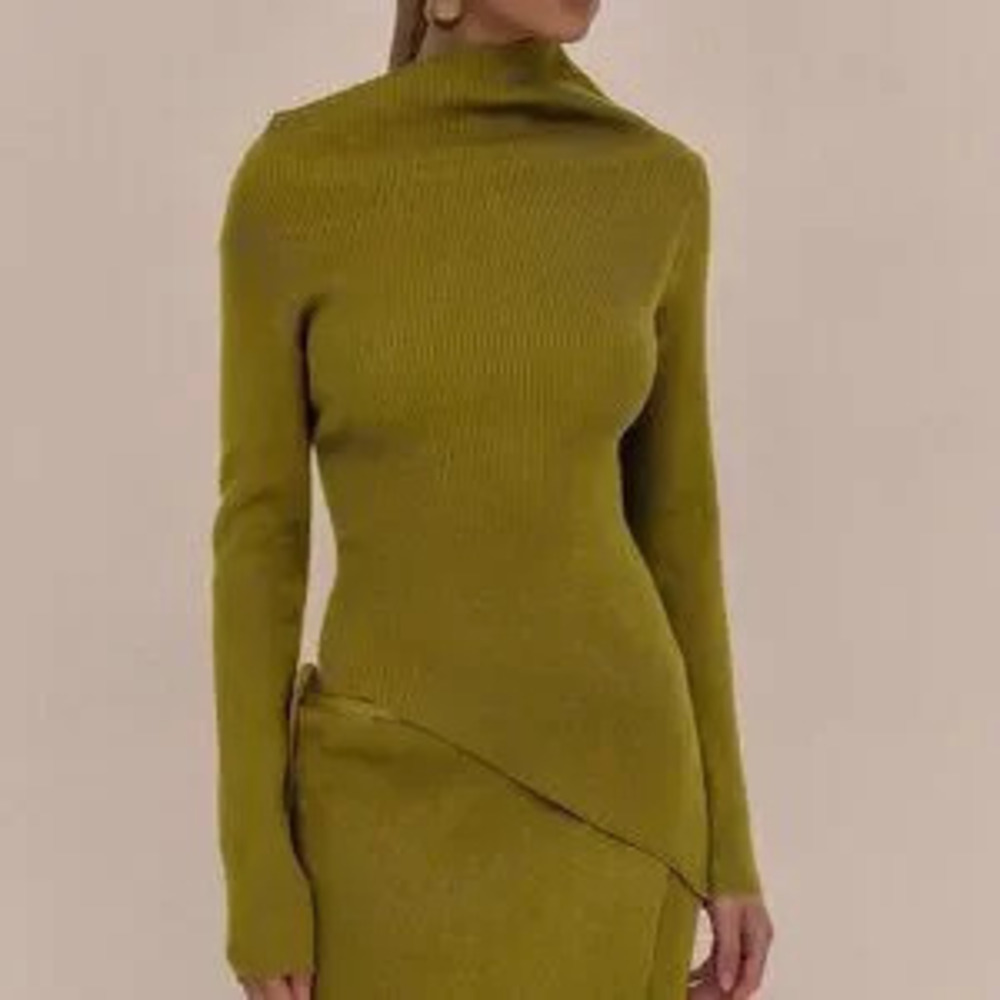 ZARA Olive Green Casual Asymmetrical Women's Ribbed Knit Sweater